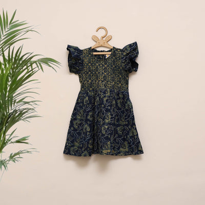 Blue - girls pure cotton ajrakh hand block print frock