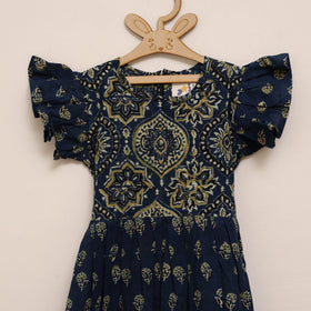 Blue - girls pure cotton ajrakh hand block print frock