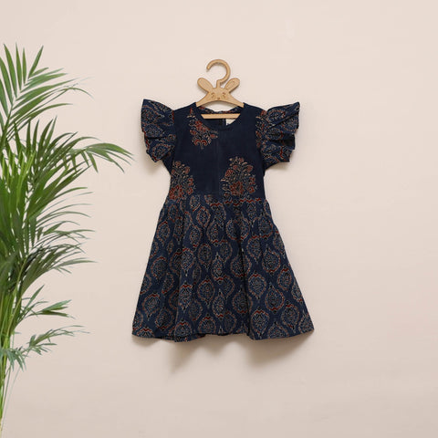 Girls pure cotton ajrakh hand block print frock dress (2-3