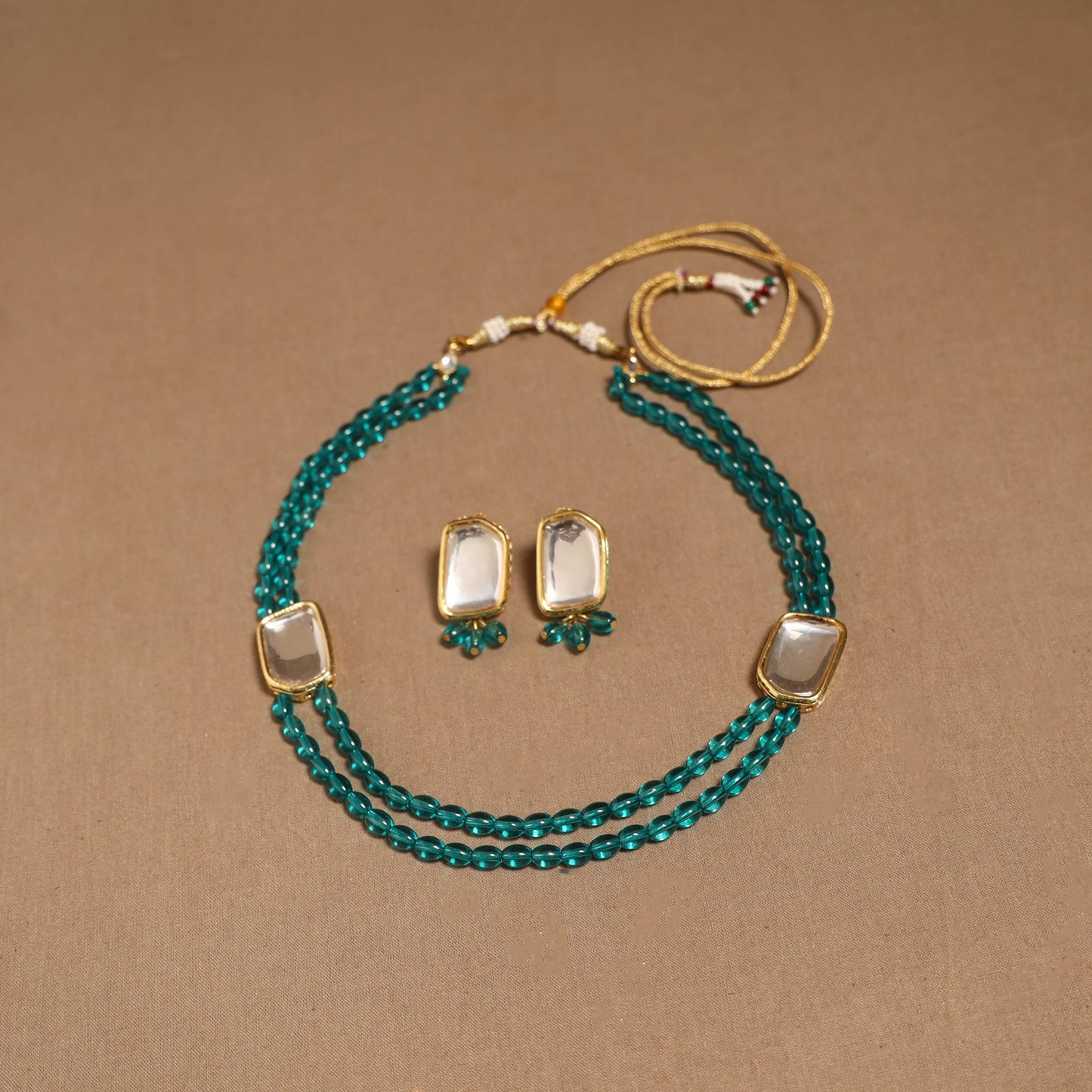 Glass beads kundan work necklace set 59 - handcrafted