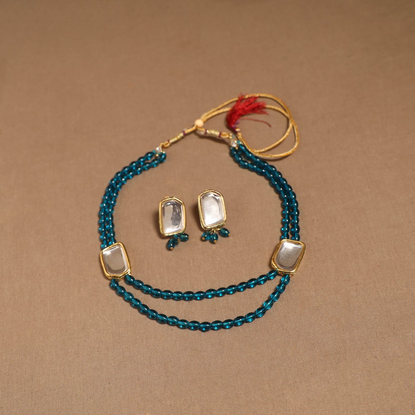 Glass beads kundan work necklace set 63 - handcrafted