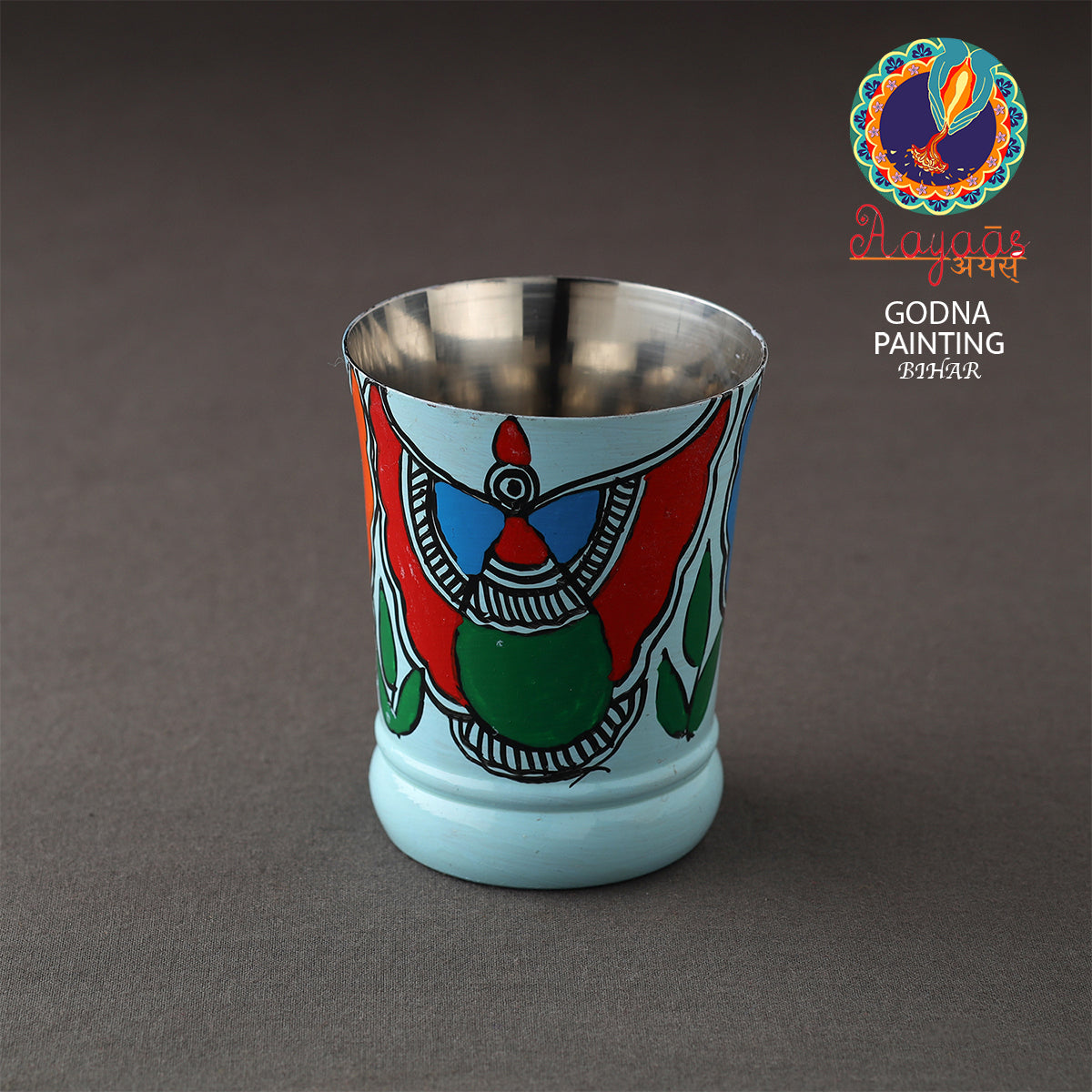Godna Madhubani Blue Handpainted Stainless Steel Glass