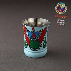 Godna Madhubani Blue Handpainted Stainless Steel Glass