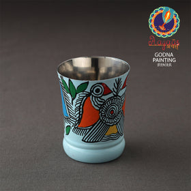  Godna Madhubani Blue Handpainted Stainless Steel Glass