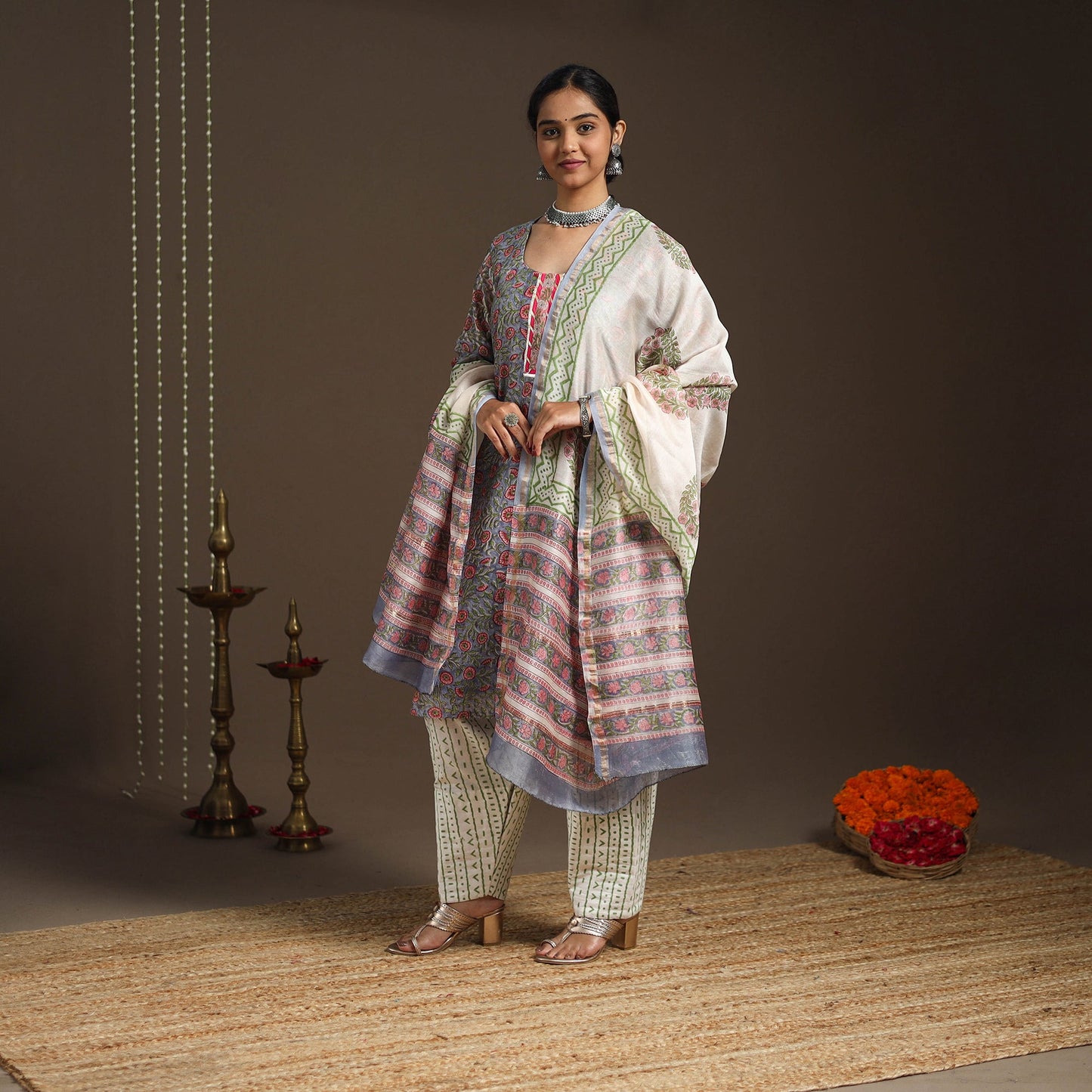 Blue - gota work chanderi silk sanganeri kurta set (set