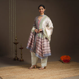 Blue - gota work chanderi silk sanganeri kurta set (set