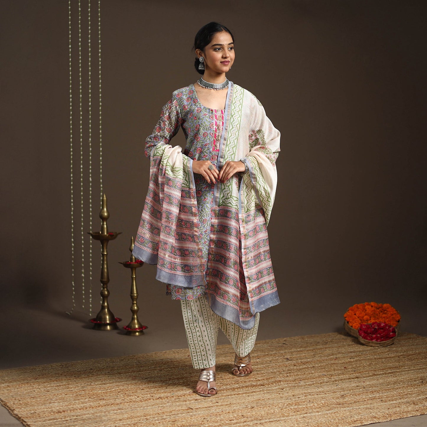 Blue - gota work chanderi silk sanganeri kurta set (set