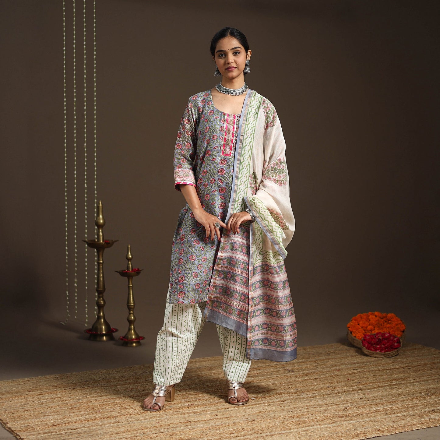 Blue - gota work chanderi silk sanganeri kurta set (set