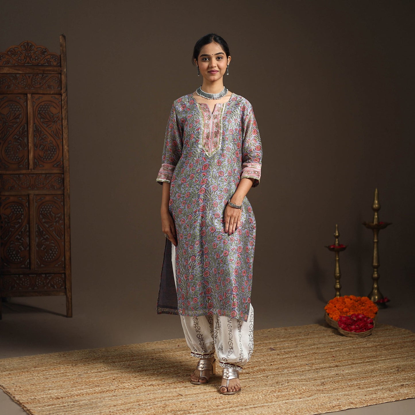 Blue - gota work chanderi silk sanganeri kurta set (set