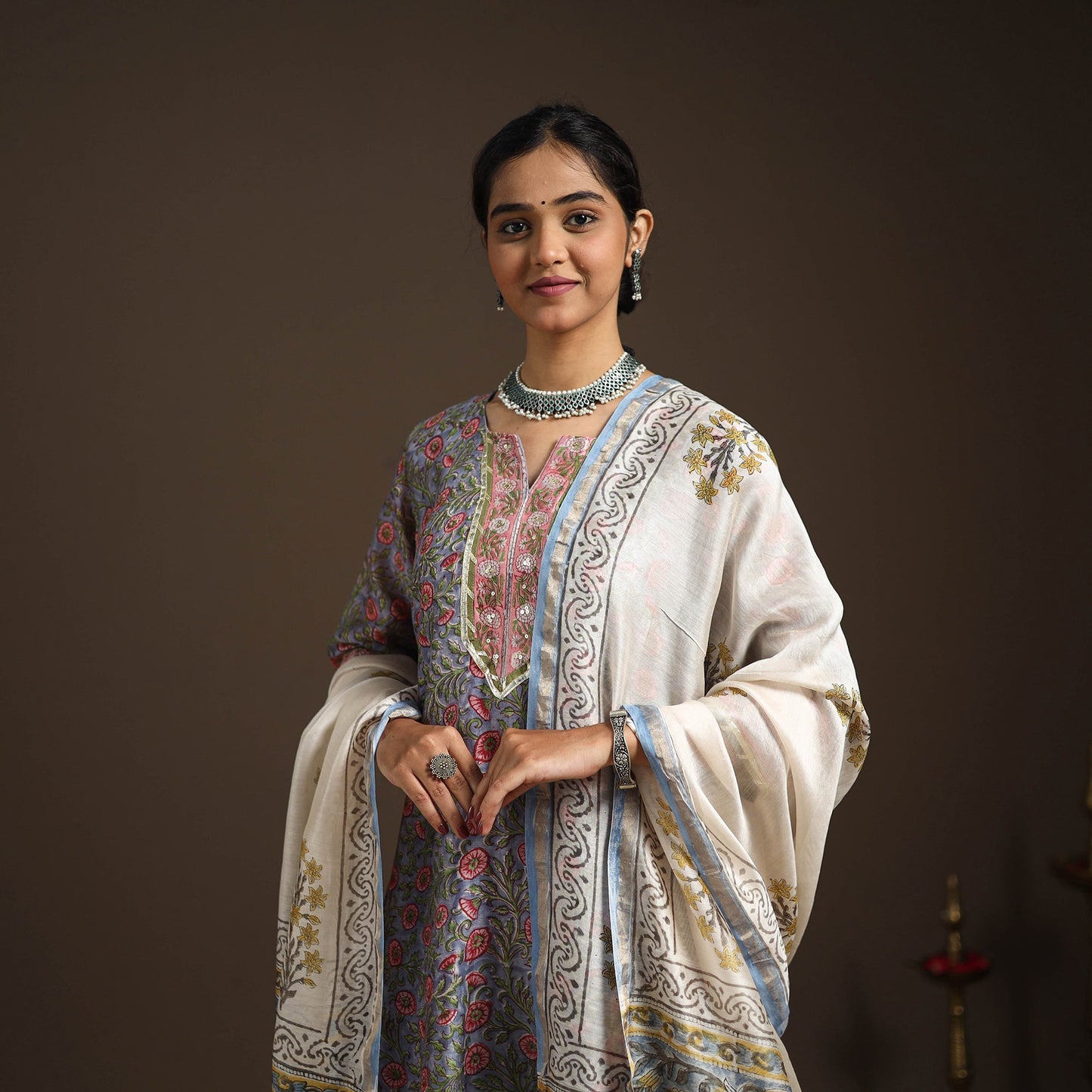 Blue - gota work chanderi silk sanganeri kurta set (set