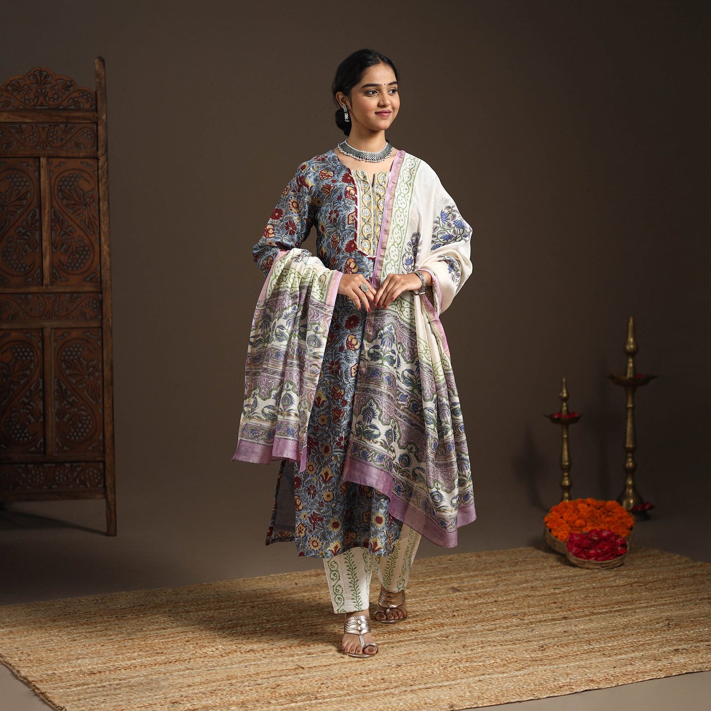 Blue - gota work chanderi silk sanganeri kurta set (set