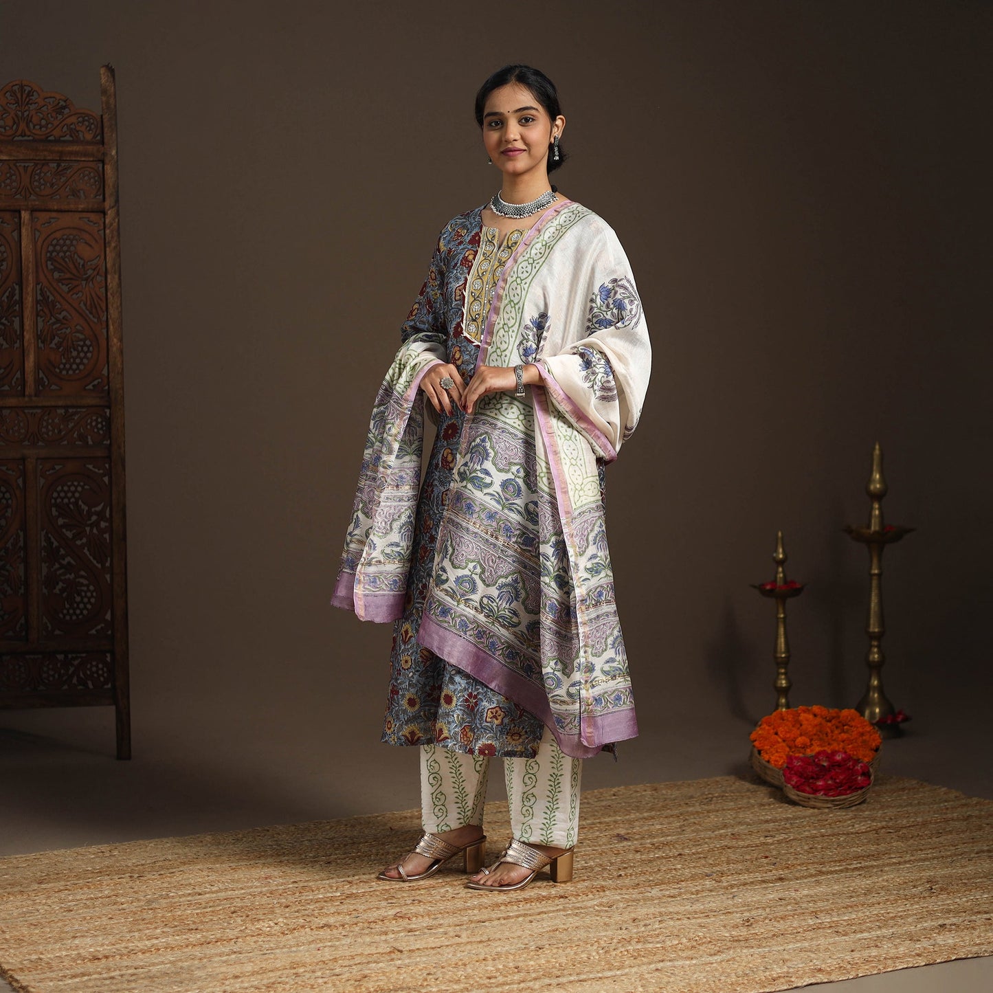 Blue - gota work chanderi silk sanganeri kurta set (set