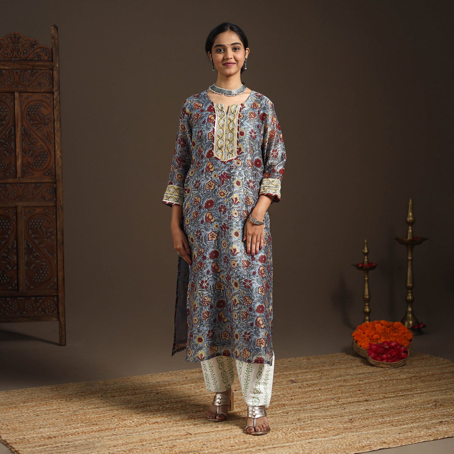 Blue - gota work chanderi silk sanganeri kurta set (set