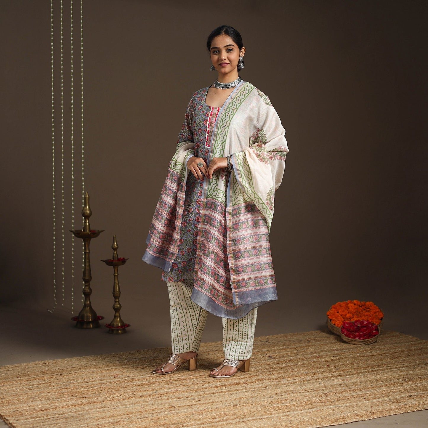Blue - gota work chanderi silk sanganeri kurta set (set