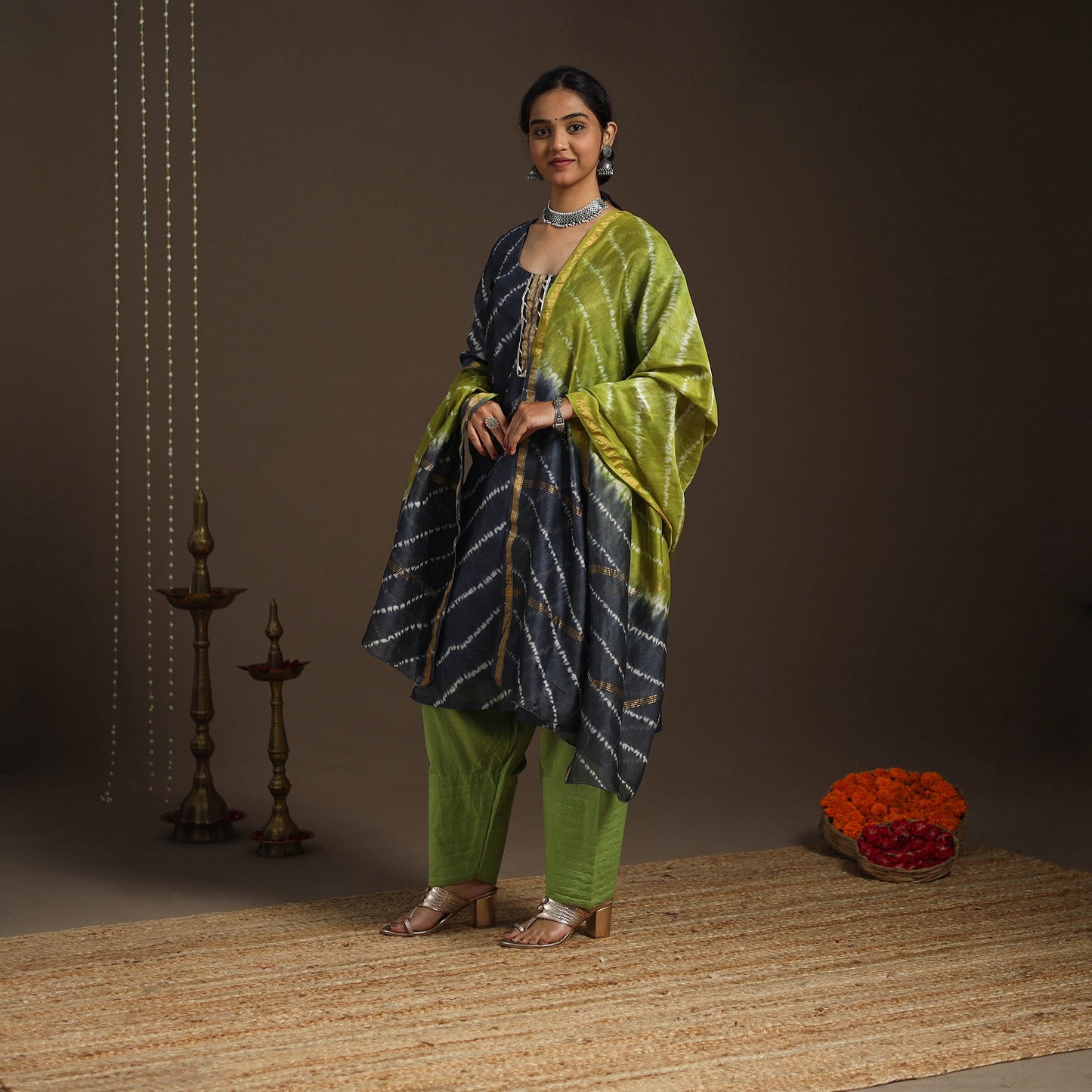 Blue - gota work chanderi silk shibori kurta set (set of 3)