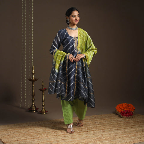 Blue - gota work chanderi silk shibori kurta set (set of 3)