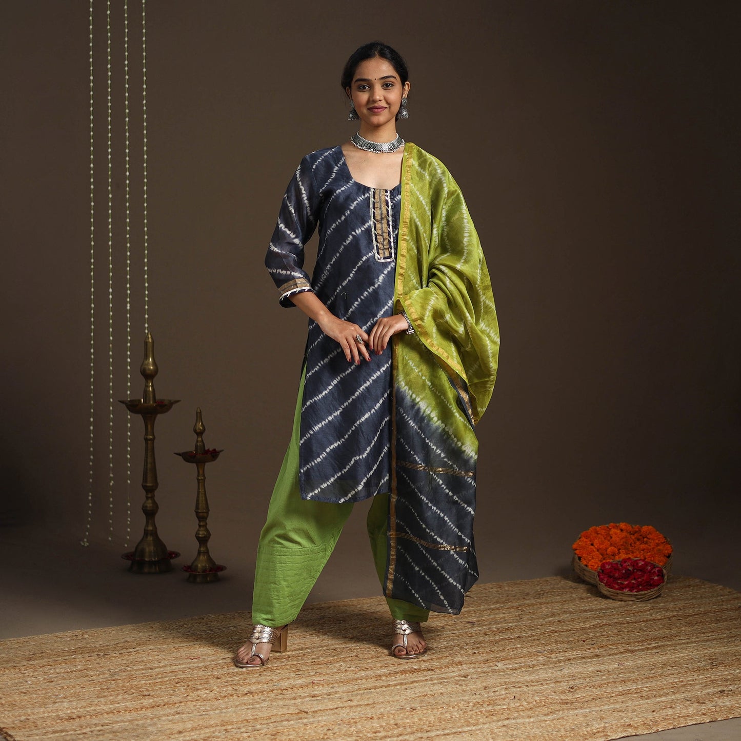 Blue - gota work chanderi silk shibori kurta set (set of 3)