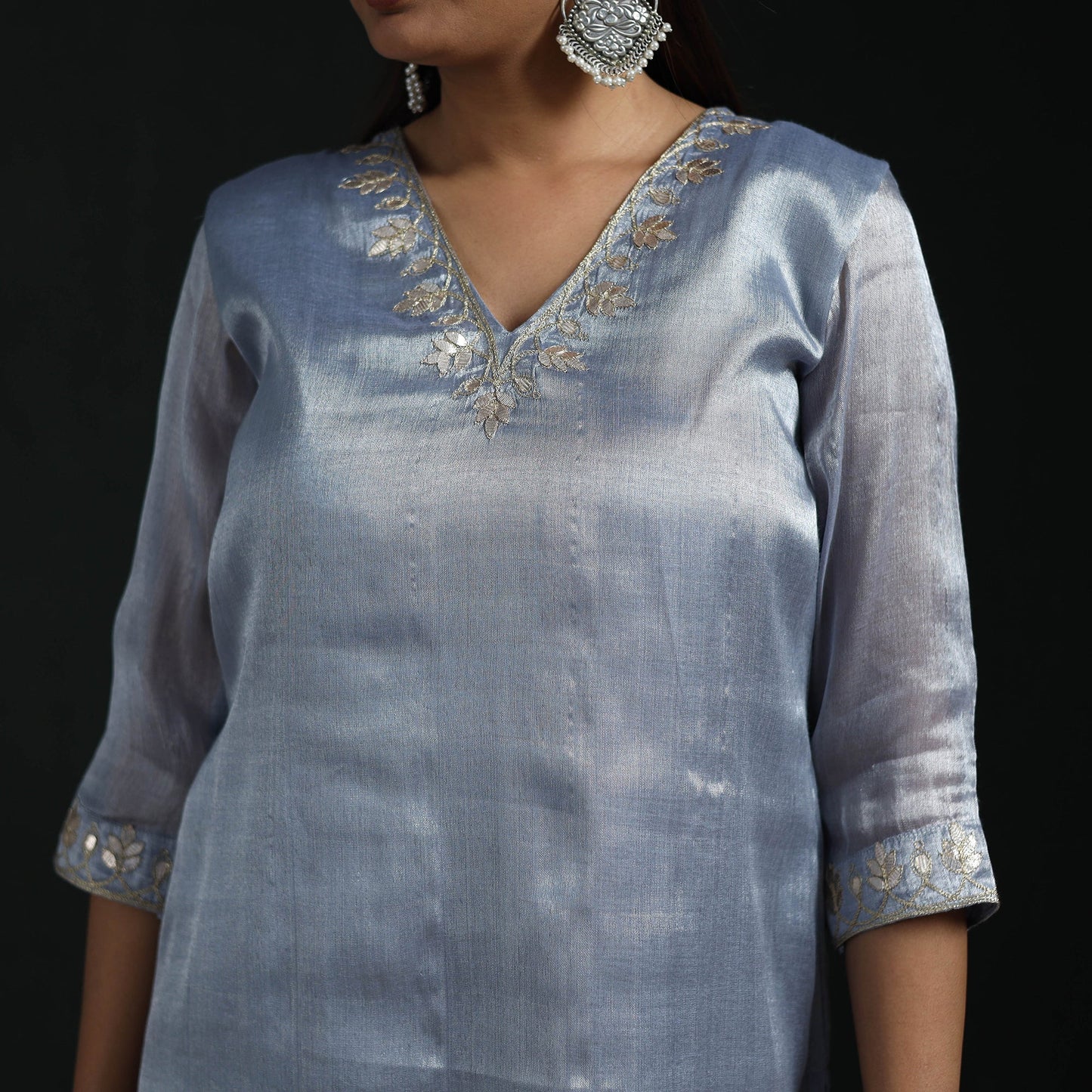 Gota work fine tissue zari straight plain kurta for women