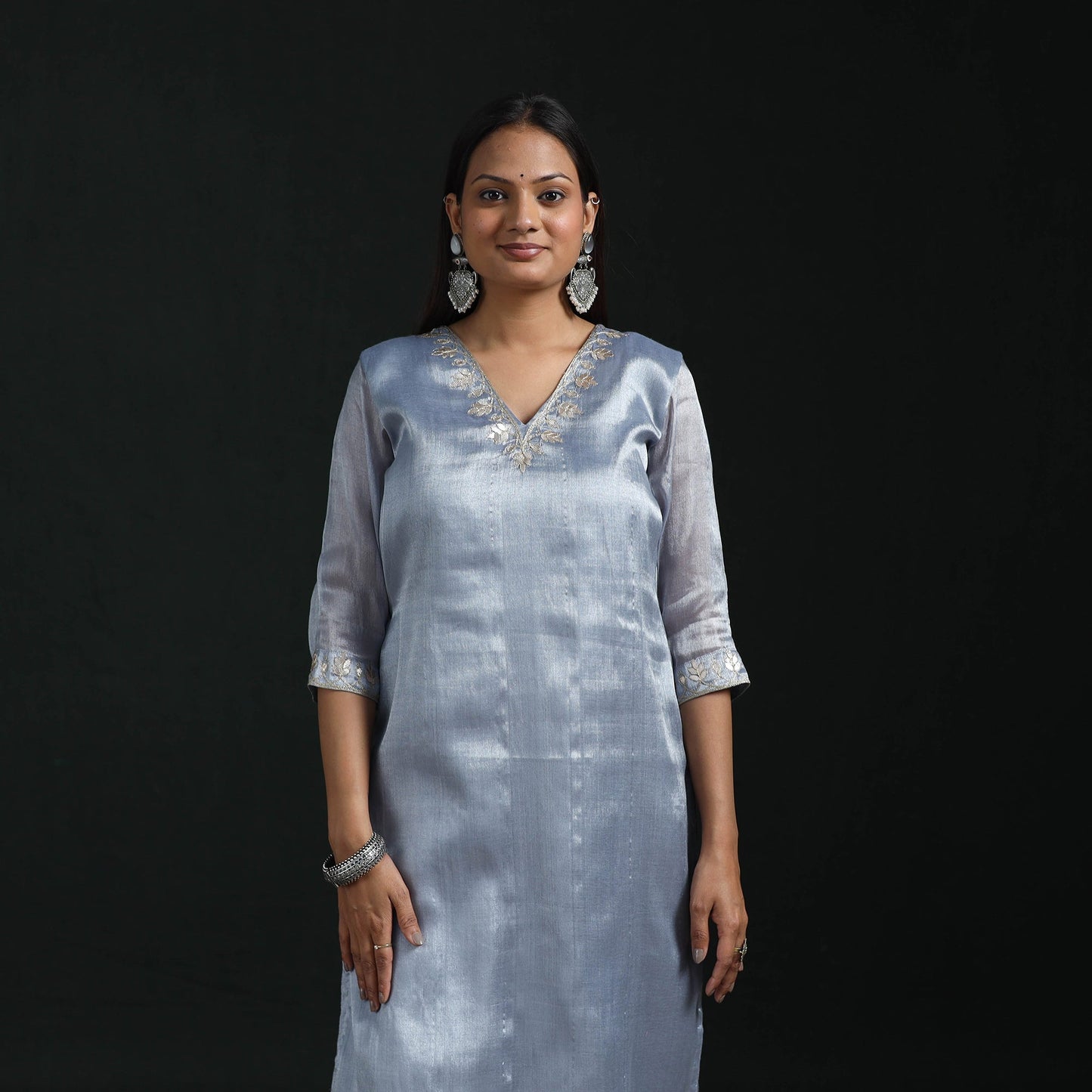 Gota work fine tissue zari straight plain kurta for women