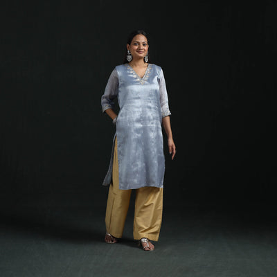 Gota work fine tissue zari straight plain kurta for women