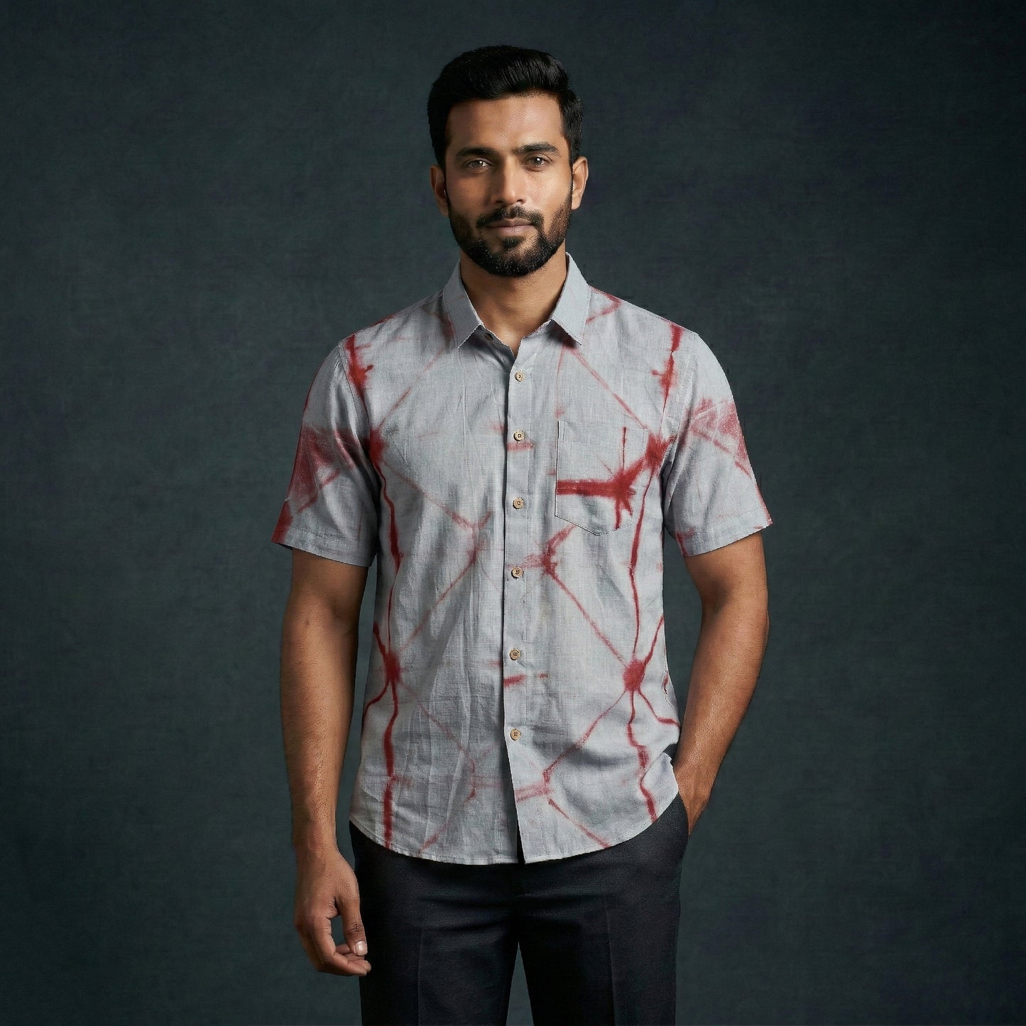 Grey - pure cotton half sleeve tie-dye men shibori shirt 34