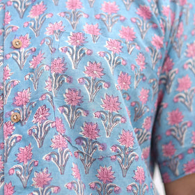 Blue Half Sleeve Block Print Cotton Men Sanganeri Shirt