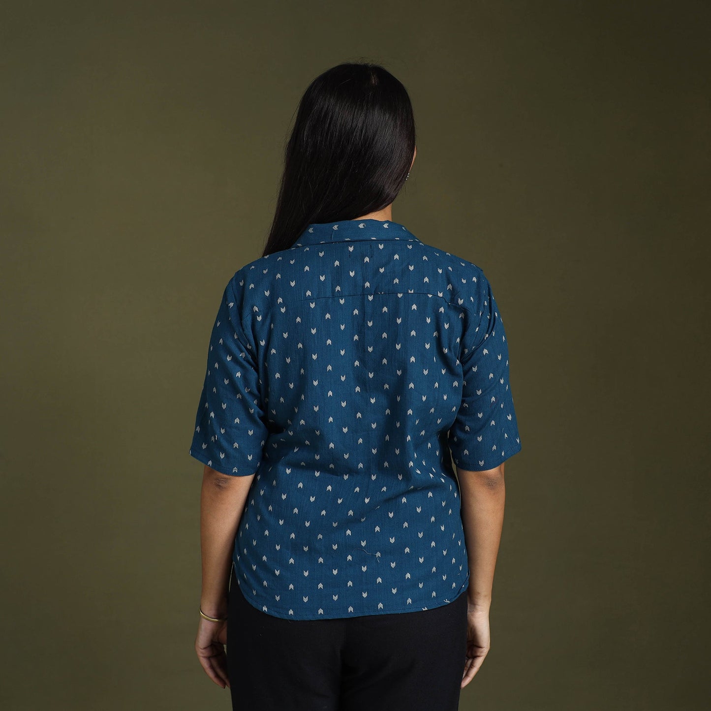 Blue - half sleeve cotton jacquard crop top 06 - handcrafted