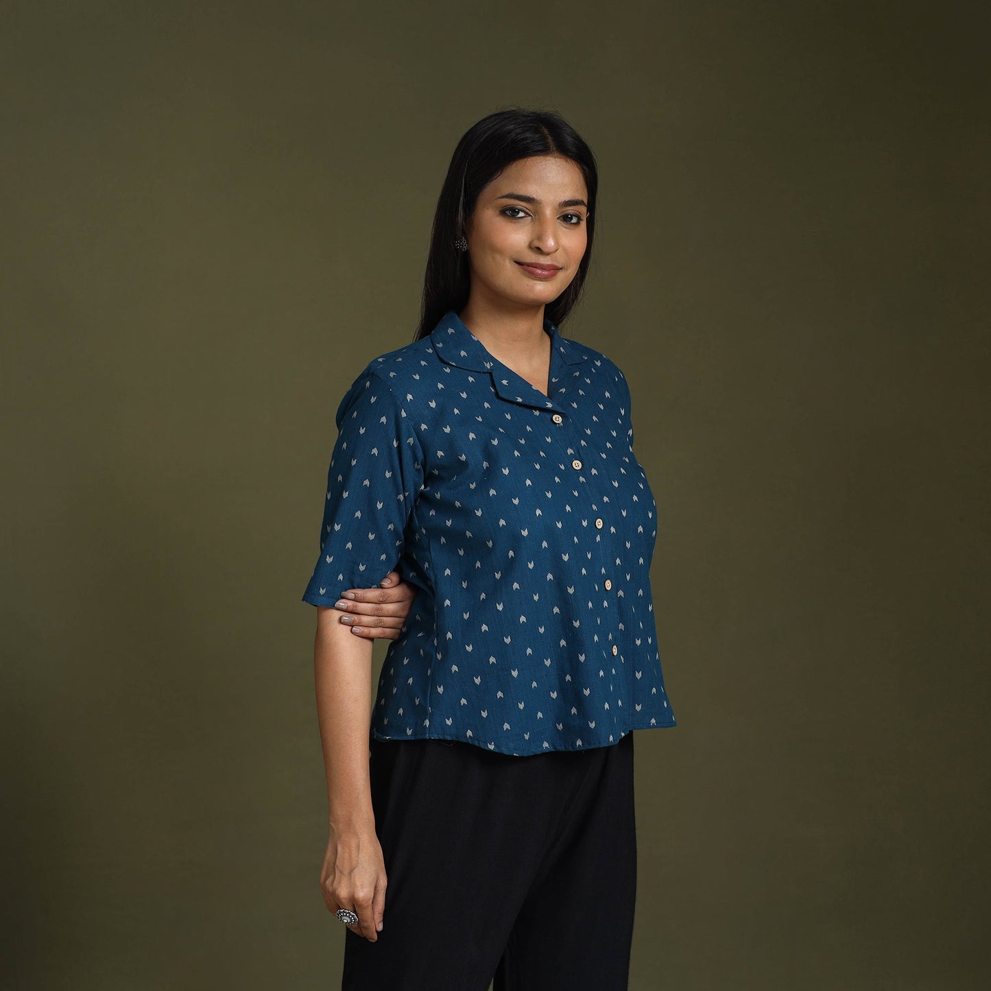 Blue - half sleeve cotton jacquard crop top 06 - handcrafted