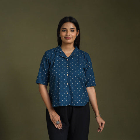 Blue - half sleeve cotton jacquard crop top 06 - handcrafted