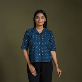 Blue - half sleeve cotton jacquard crop top 06 - handcrafted