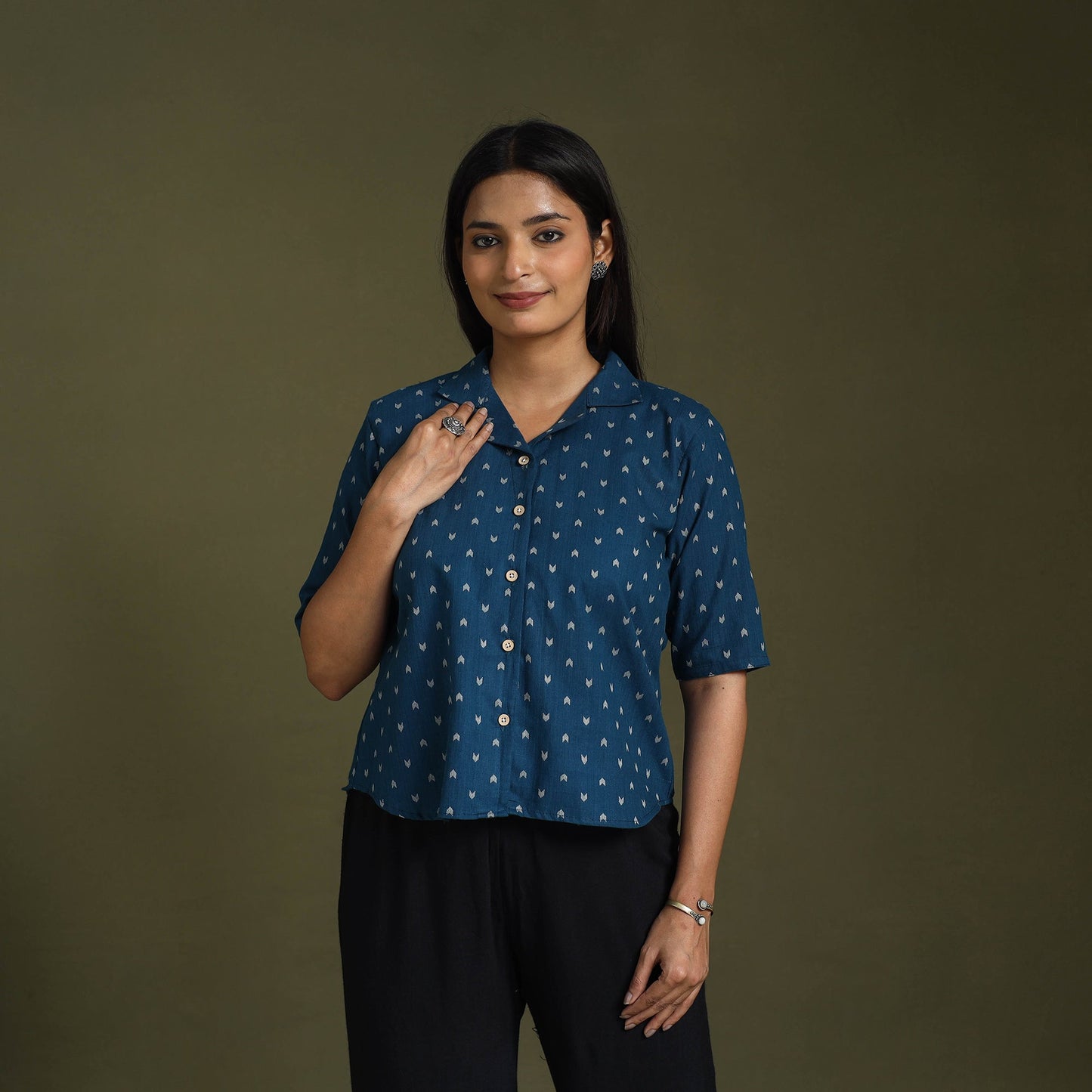 Blue - half sleeve cotton jacquard crop top 06 - handcrafted