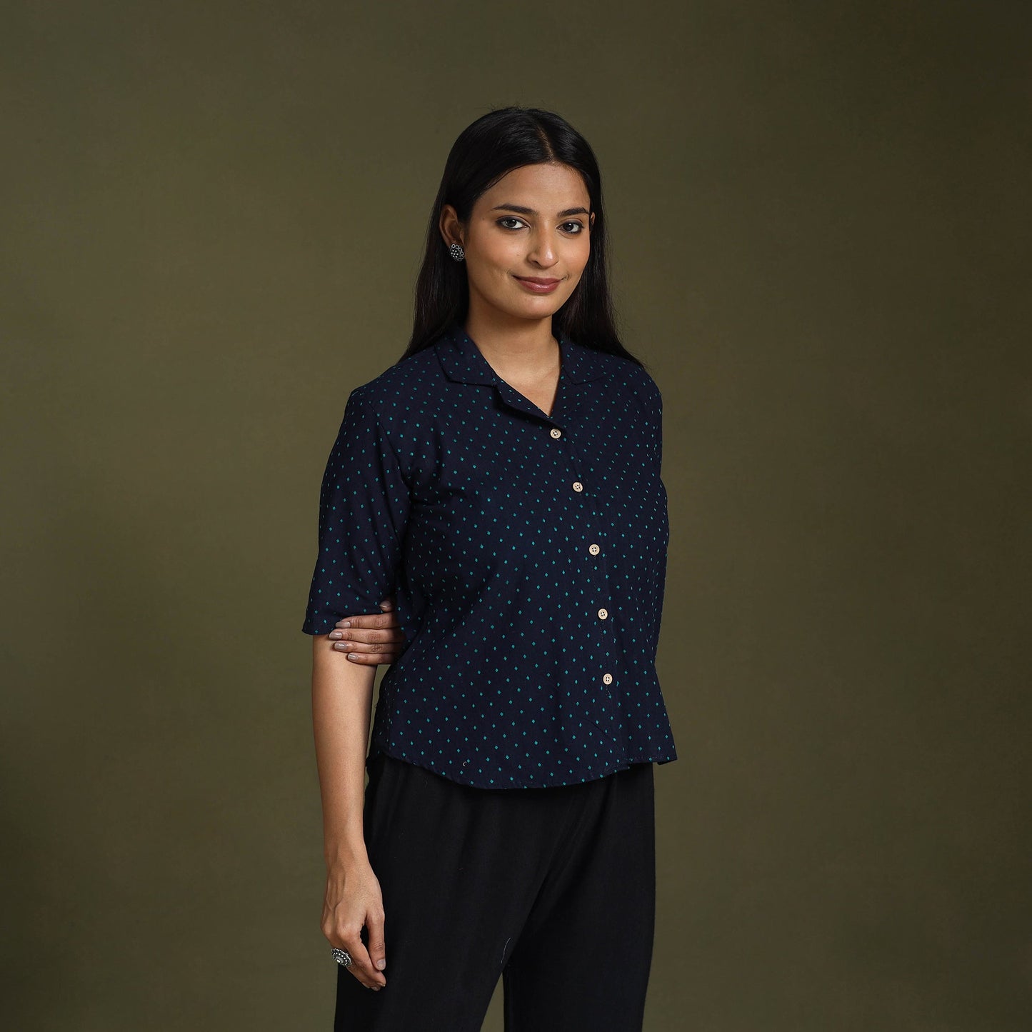 Buy Blue Half Sleeve Cotton Jacquard Crop Top