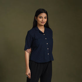 Buy Blue Half Sleeve Cotton Jacquard Crop Top