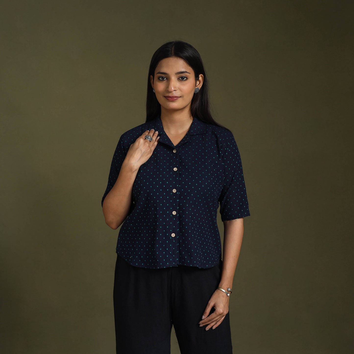 Buy Blue Half Sleeve Cotton Jacquard Crop Top