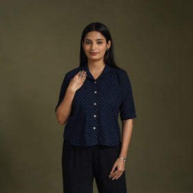 Buy Blue Half Sleeve Cotton Jacquard Crop Top