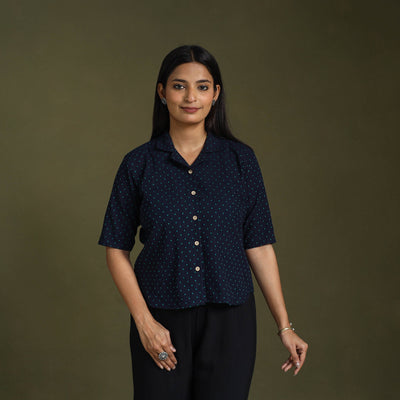 Buy Blue Half Sleeve Cotton Jacquard Crop Top