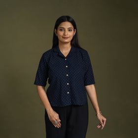 Buy Blue Half Sleeve Cotton Jacquard Crop Top