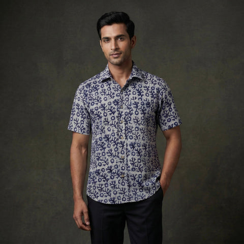 Half sleeve cotton men hand block batik print shirt 04