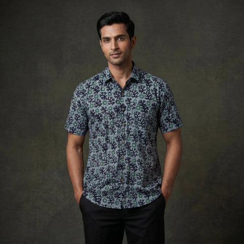 Half sleeve cotton men hand block batik print shirt 14