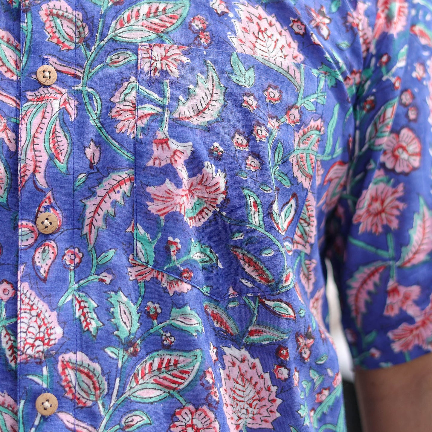 Blue Half Sleeve Block Print Cotton Men Sanganeri Shirt