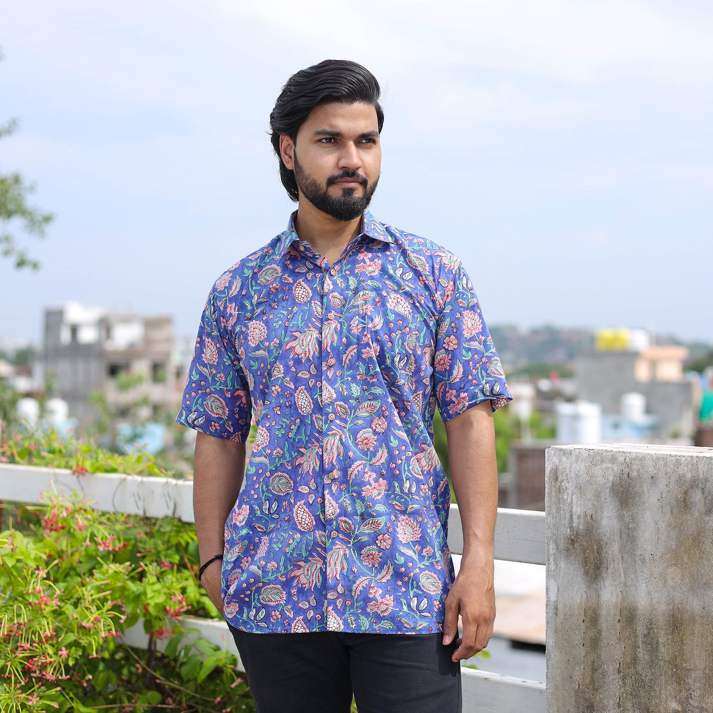Blue Half Sleeve Block Print Cotton Men Sanganeri Shirt