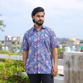 Blue Half Sleeve Block Print Cotton Men Sanganeri Shirt