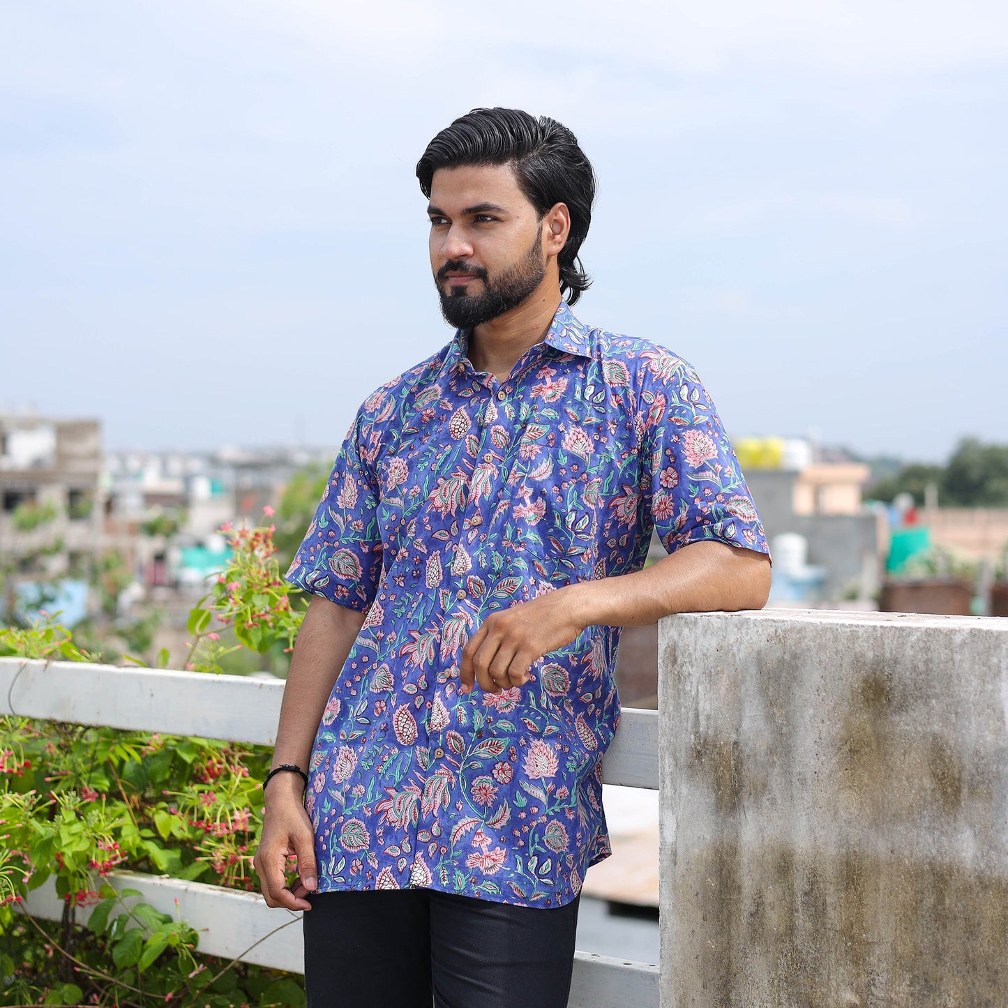 Blue Half Sleeve Block Print Cotton Men Sanganeri Shirt