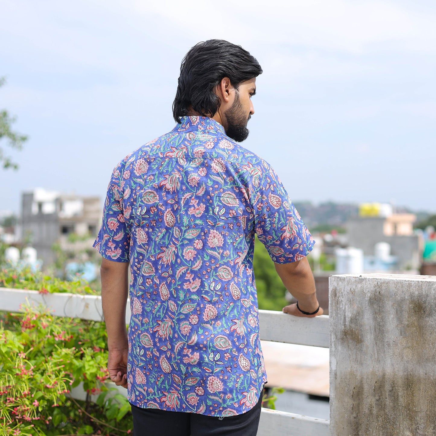 Blue Half Sleeve Block Print Cotton Men Sanganeri Shirt