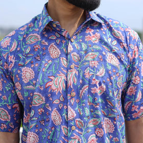 Blue Half Sleeve Block Print Cotton Men Sanganeri Shirt
