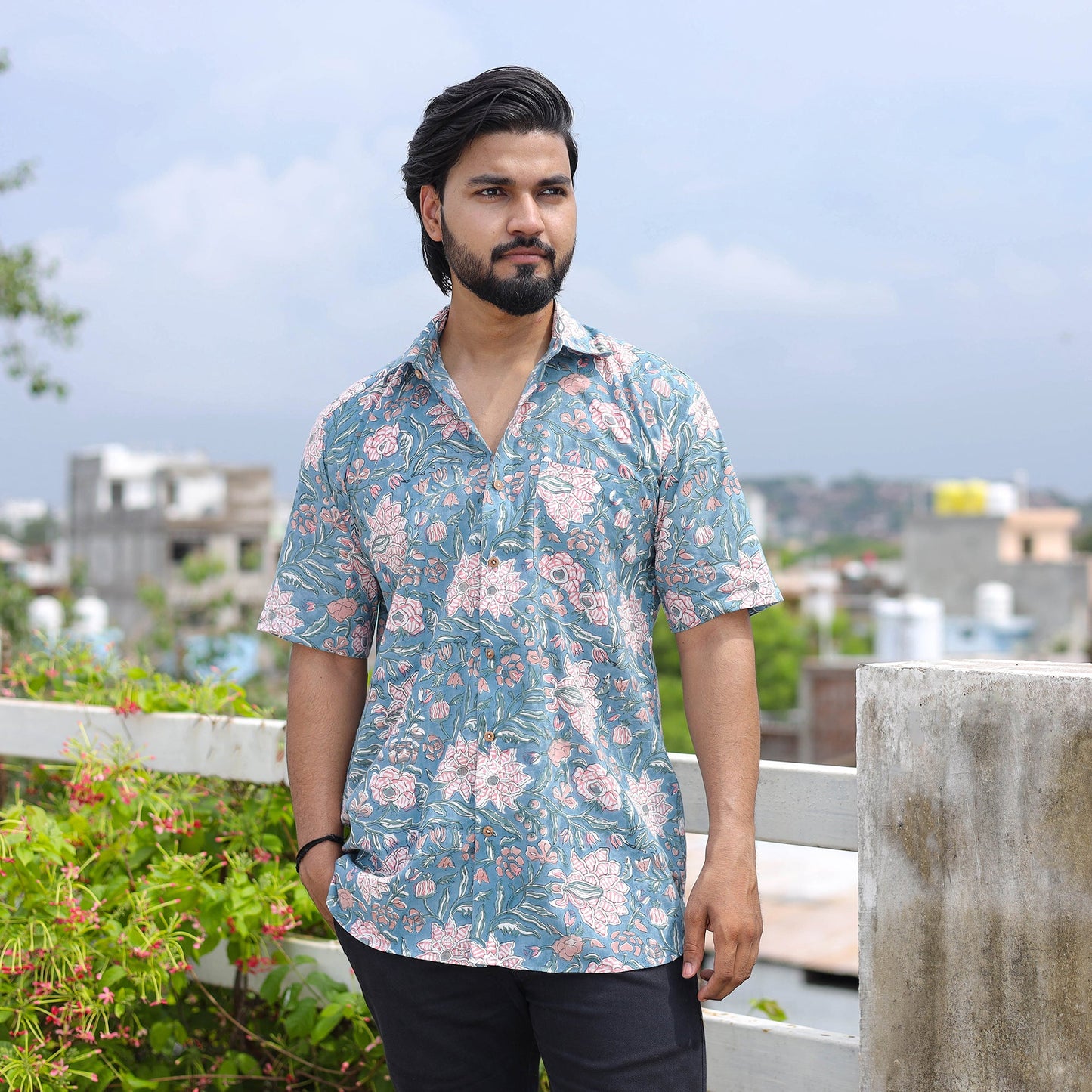 Blue - half sleeve cotton men sanganeri shirt 05