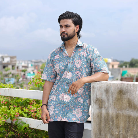 Blue - half sleeve cotton men sanganeri shirt 05