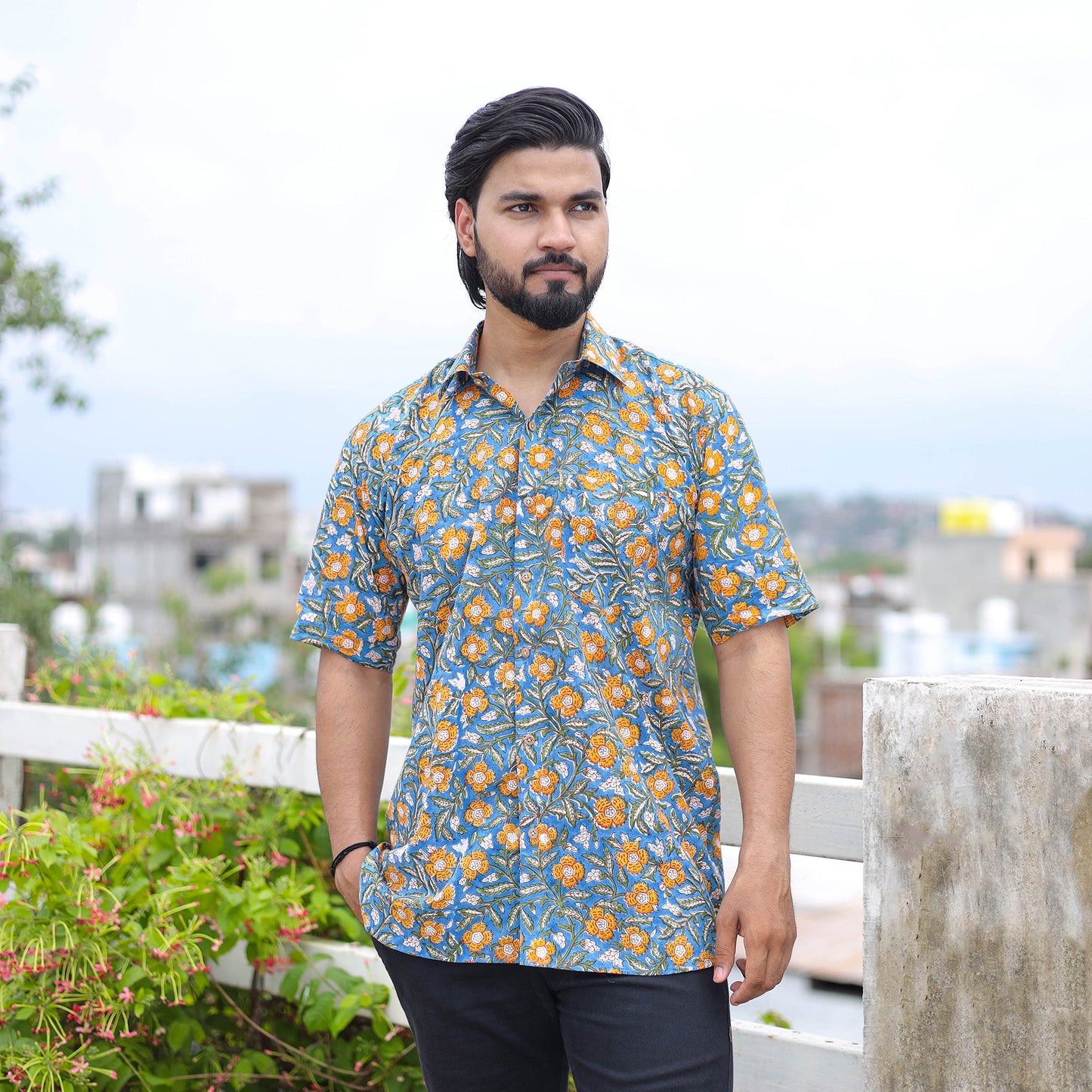 Blue - half sleeve cotton men sanganeri shirt 06