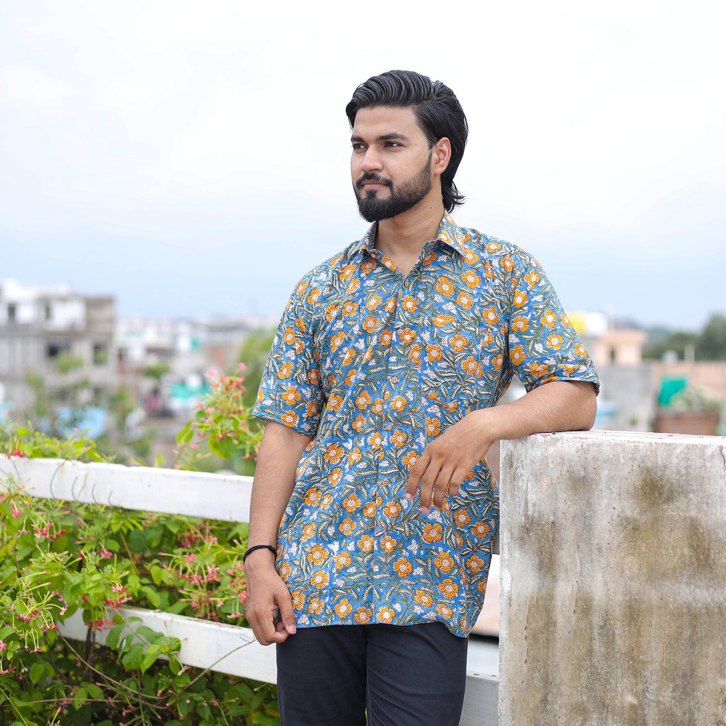 Blue - half sleeve cotton men sanganeri shirt 06