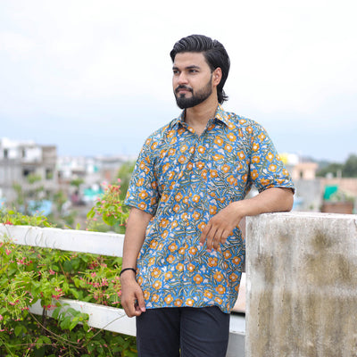 Blue - half sleeve cotton men sanganeri shirt 06